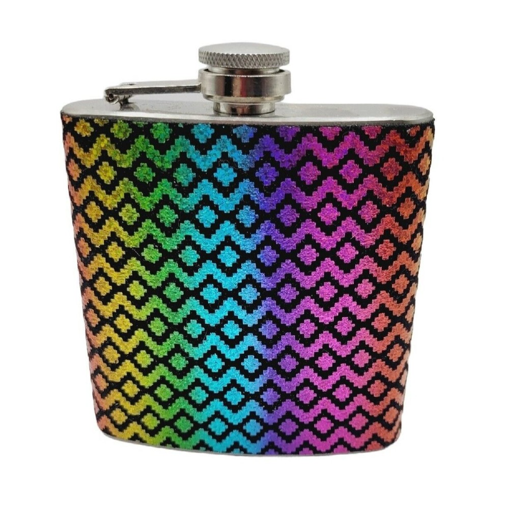 Metal Hip Flask Black Diamond Neon Colors Velvet 6oz Stainless Steel Curve Slim